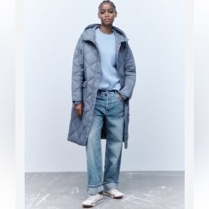 Zara Blue Quilted Puffer Coat Longline